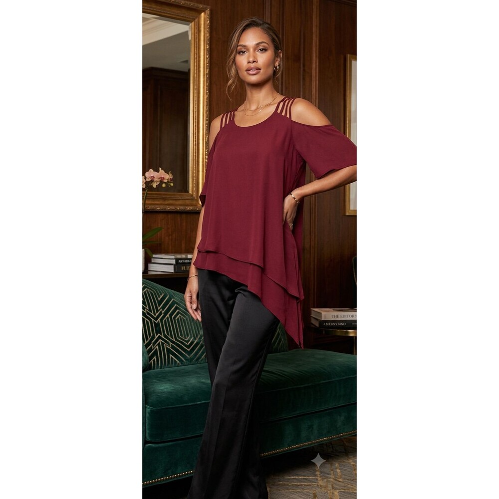 Monteau Los Angeles Women S Burgundy Strappy Sleeveless Lined Asymmetrical Top